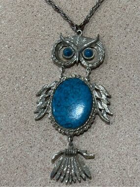 Owl Pendant Necklace Silver Tone With Blue Stone Vintage